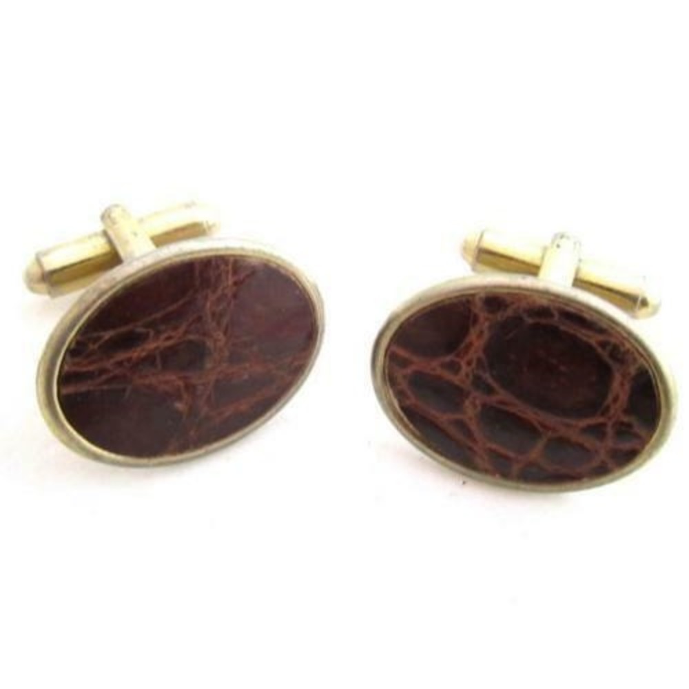 Vintage Brown Crocodile Leather Gold Plated Metal Cufflinks‎ * Men's Jewelry